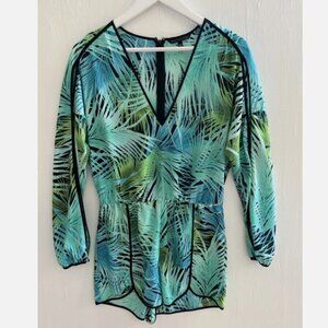 VICTORIAS SECRET Leaf Print 1-Piece Romper Cover Up Lightweight Open Sleeves 8
